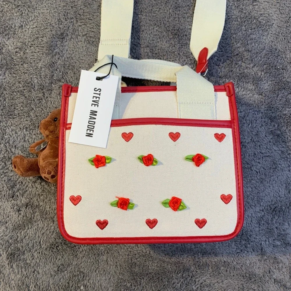 Steve Madden Rosette‎ Satchel Red Embroidered Hearts with Bear DT627305